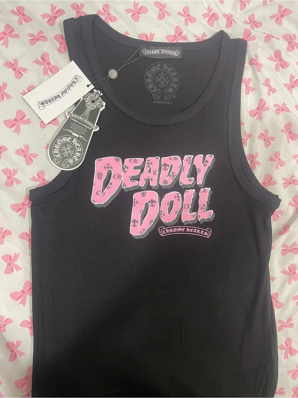 Chrome hearts deadly doll Graphic Tank Top with Pink Floral Cross Design - Picture 2 of 4